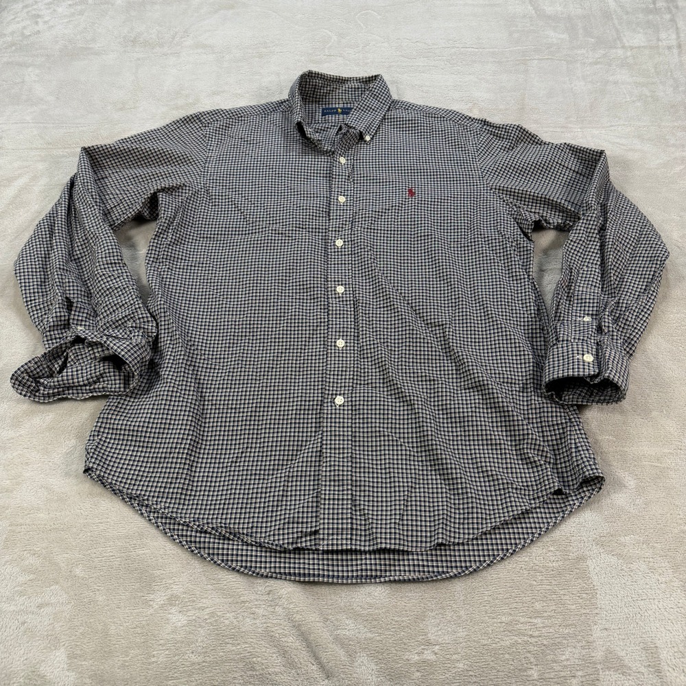 Ralph Lauren Mens Large Blue Tan Gingham Plaid Button Down Shirt Long Sleeve L